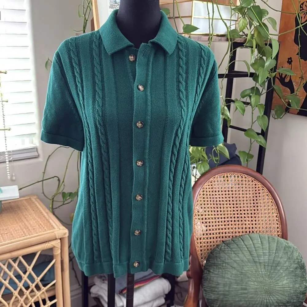 J.Crew Emerald Green Cable Knit Button Up Short Sleeve Mad Men Polo Sweater